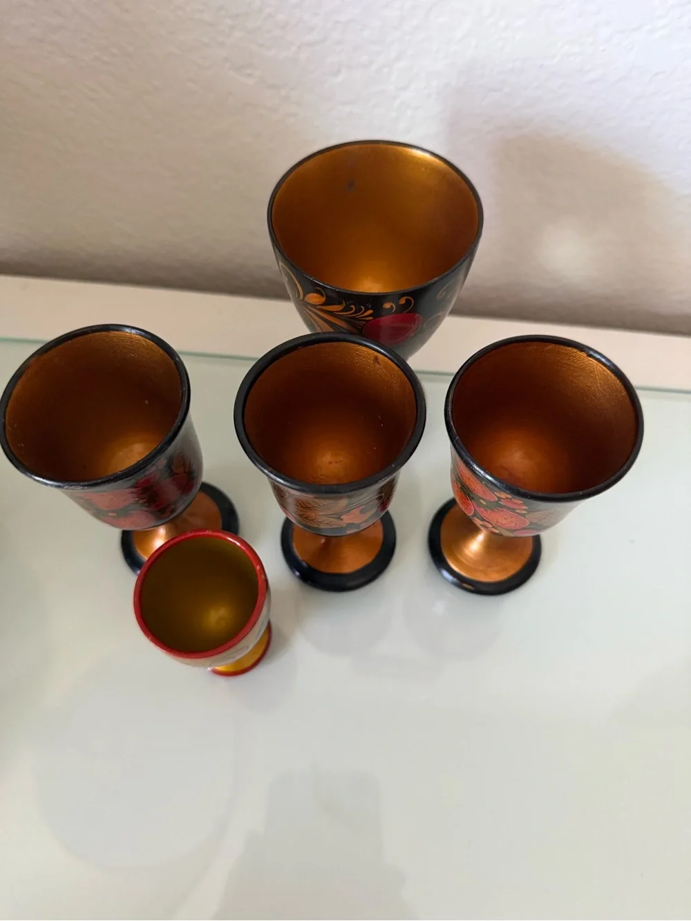 Russian Lacquer Hand-Painted Decorative Wooden Cups Set - 5 Vtg